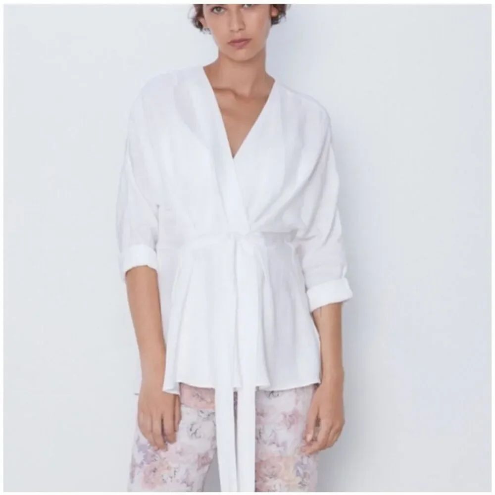 Zara Women’s Wrap Shirt White Sz. S Front Tie Linen
